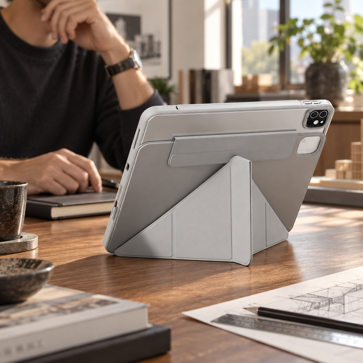 Avontic FormaLift Flex Grey iPad case on a walnut workspace; device and props not included