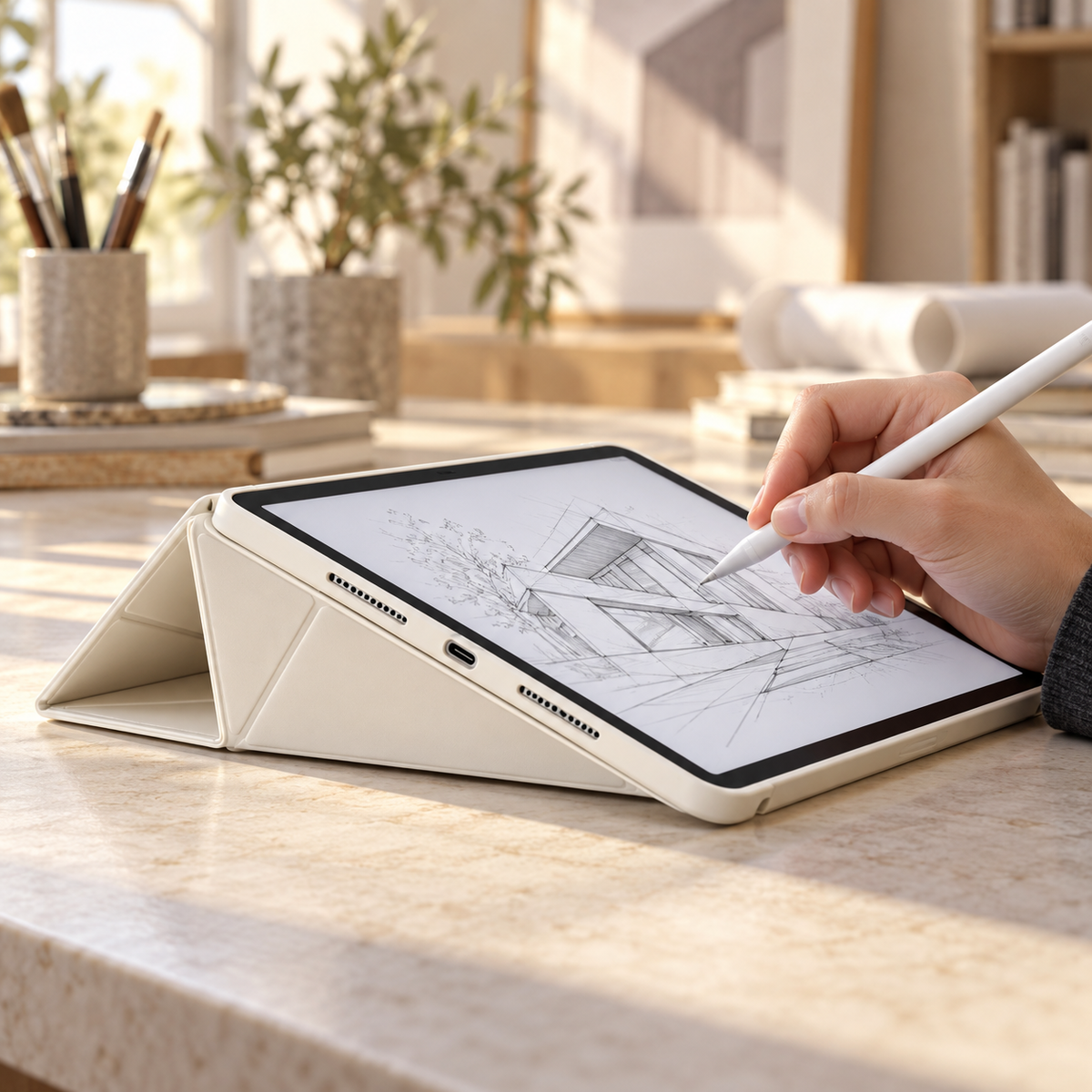 Avontic FormaLift Flex Cream White case supporting an iPad for drawing; tablet and stylus not included