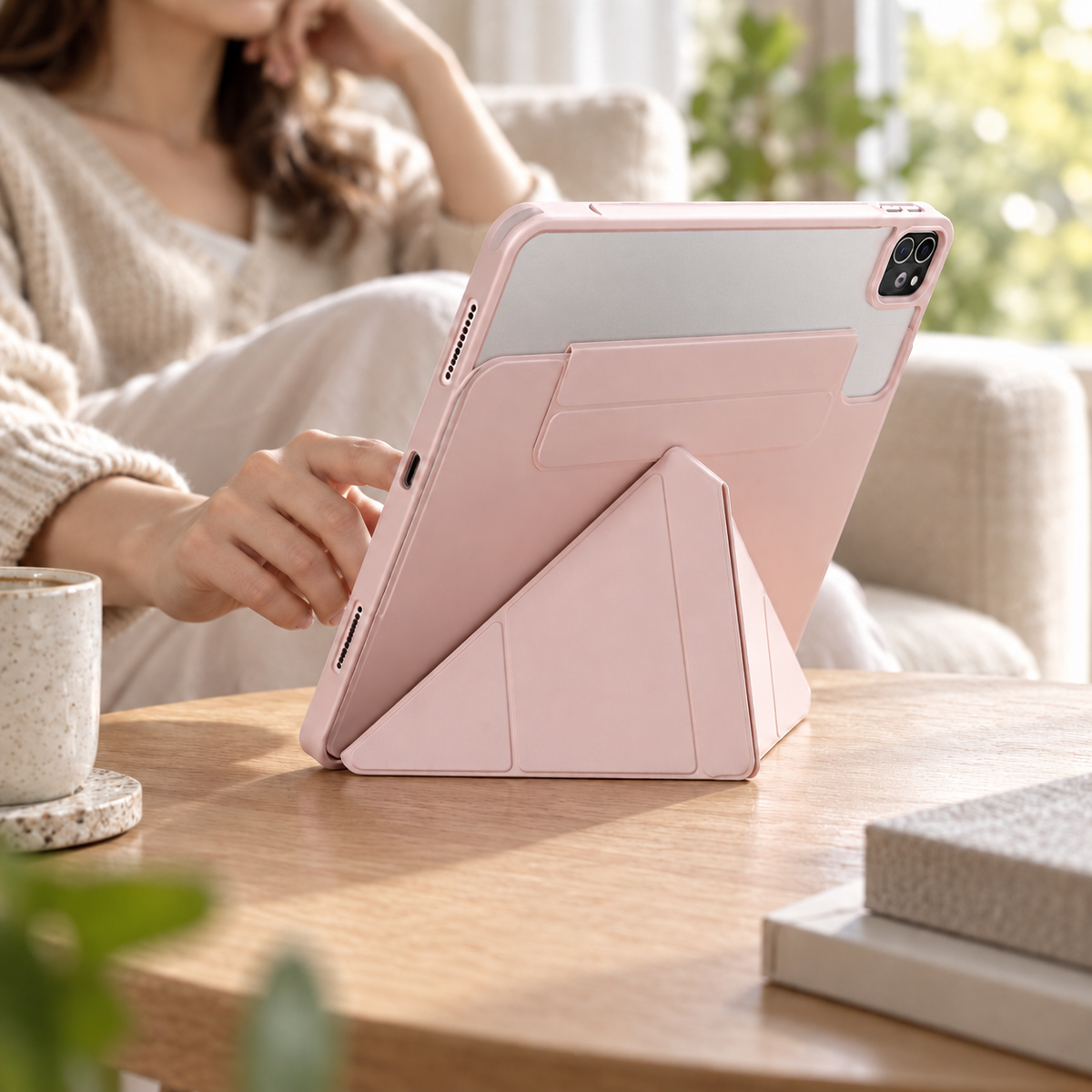Avontic FormaLift Flex Pink case used for relaxed reading; tablet and props not included