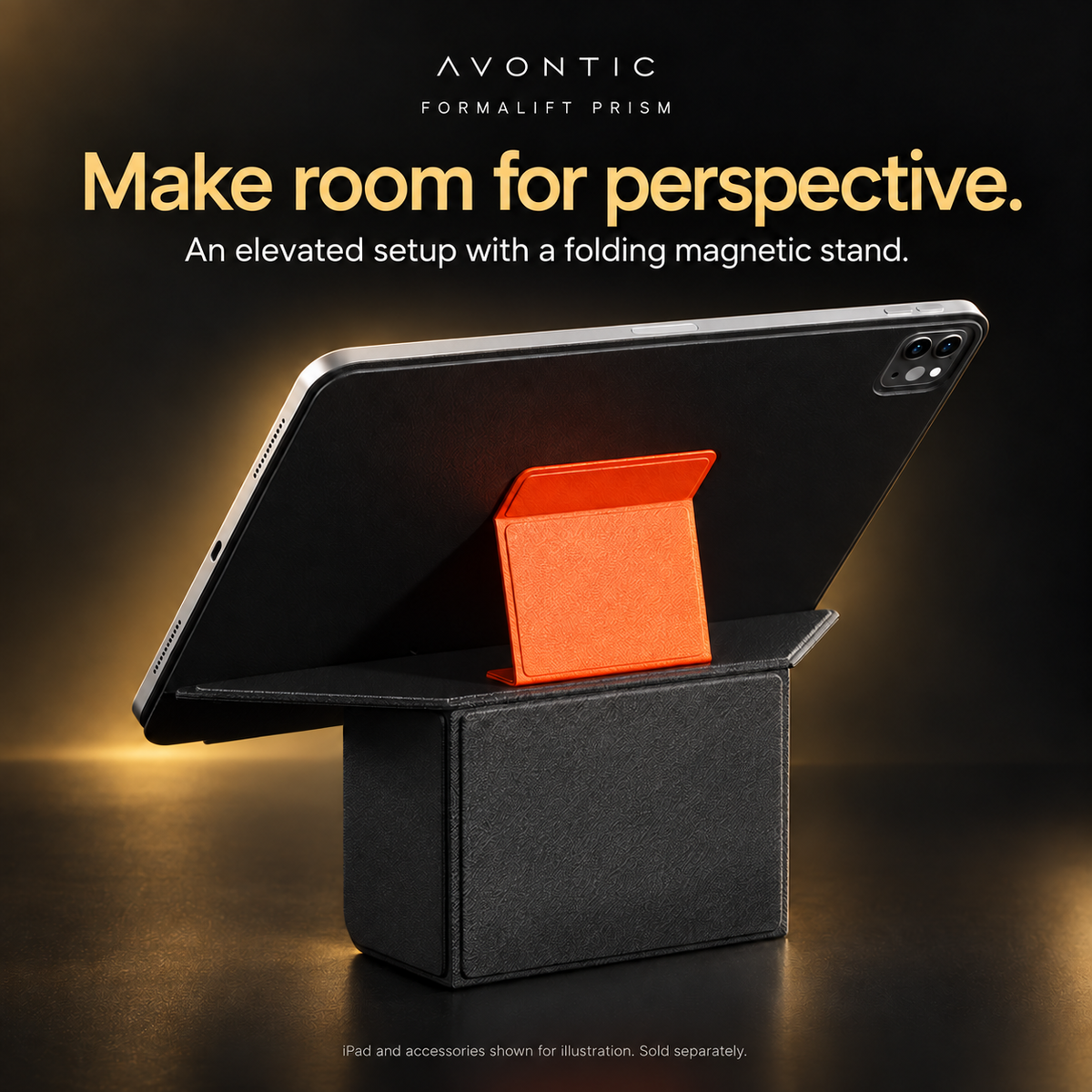 FormaLift Prism black and orange case elevated on its magnetic folding stand