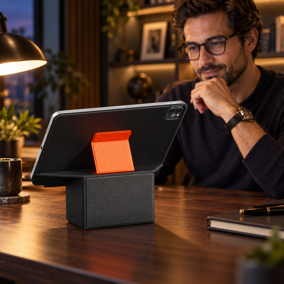 Black and orange FormaLift Prism iPad case on an elevated stand in a home study. Device and props not included.