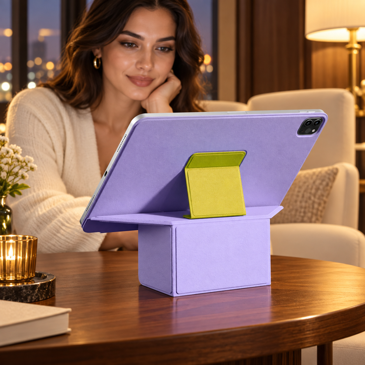 Violet and yellow FormaLift Prism iPad case on an elevated stand in a hotel lounge. Device and props not included.