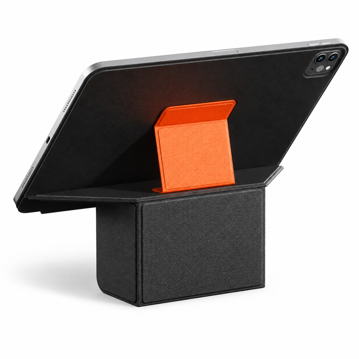 Avontic FormaLift Prism iPad case in Black and Orange, rear view with folding stand on white background