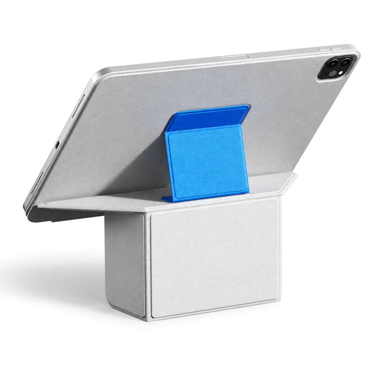 Avontic FormaLift Prism iPad case in Gray and Blue, rear view with folding stand on white background