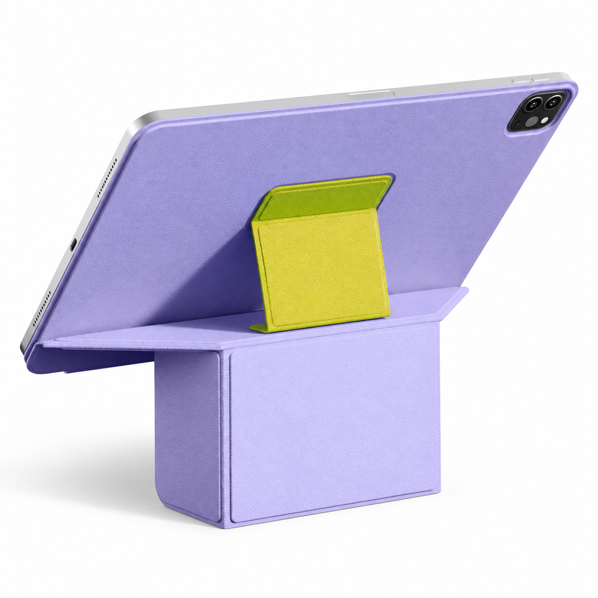 Avontic FormaLift Prism iPad case in Violet and Yellow, rear view with folding stand on white background