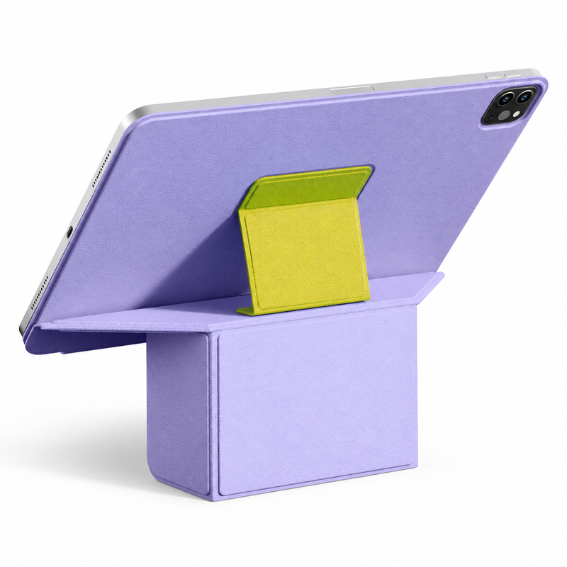 Avontic FormaLift Prism iPad case in Violet and Yellow, rear view with folding stand on white background