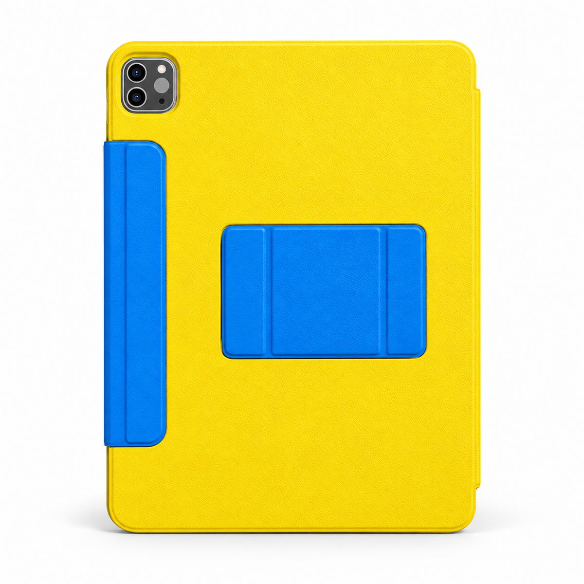 Avontic FormaLift Prism iPad case in Yellow and Blue, closed rear view on white background