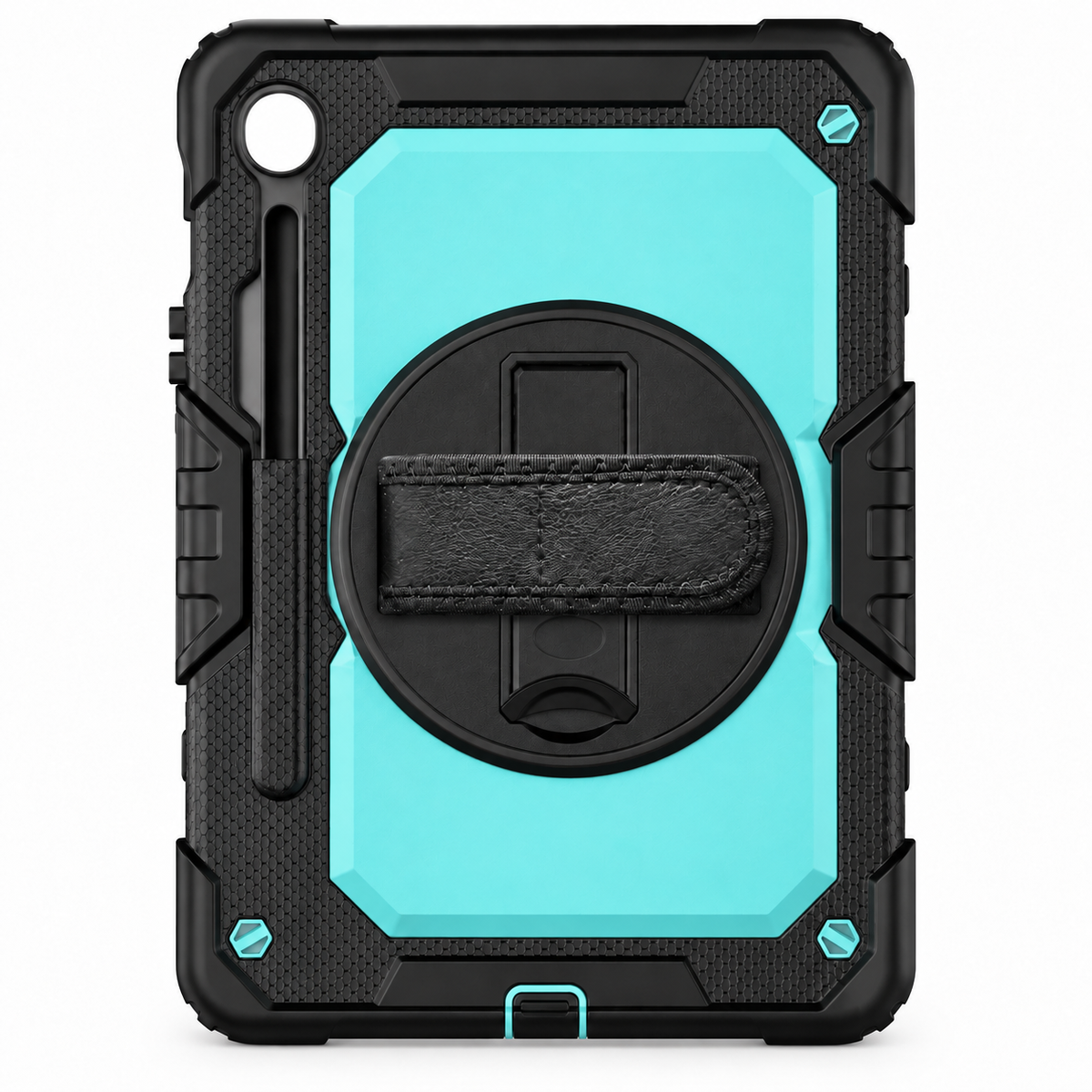 RhinoGuard Fortress 360 — Black / Aqua — corrected short kickstand, no text overlay