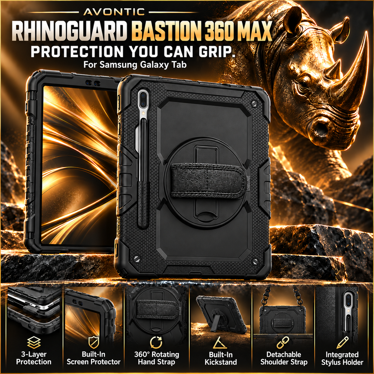 RhinoGuard Bastion 360 Max case with its corrected integrated kickstand and six key features.
