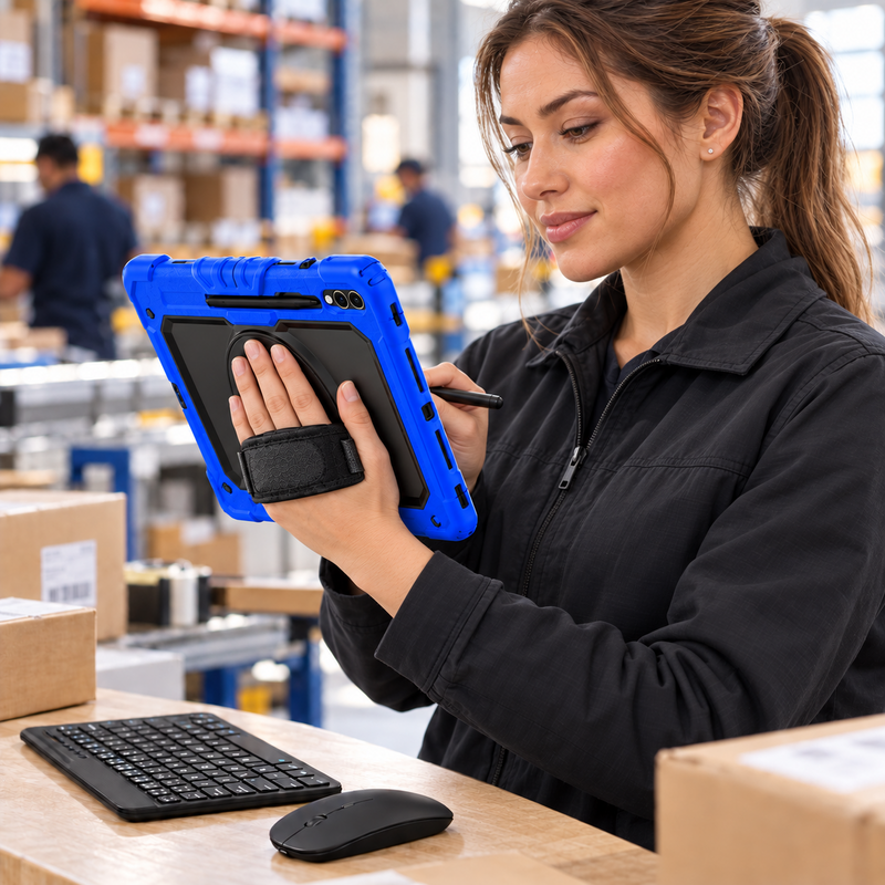 Warehouse professional using the blue RhinoGuard Galaxy case with the padded rotating strap over the back of her hand, with keyboard and mouse nearby.