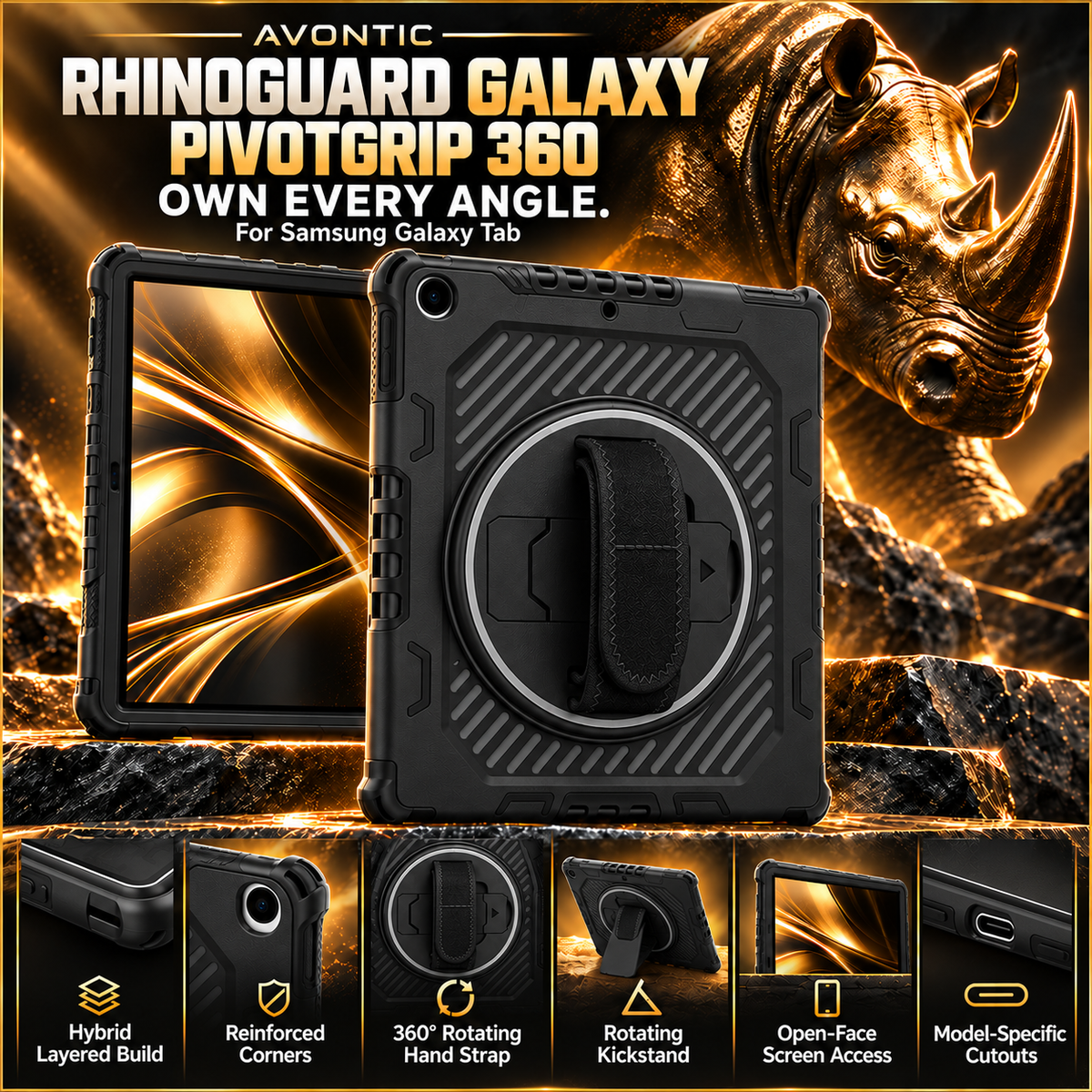 RhinoGuard Galaxy PivotGrip 360 with a rotating hand strap, kickstand, hybrid shell and open-face screen access.