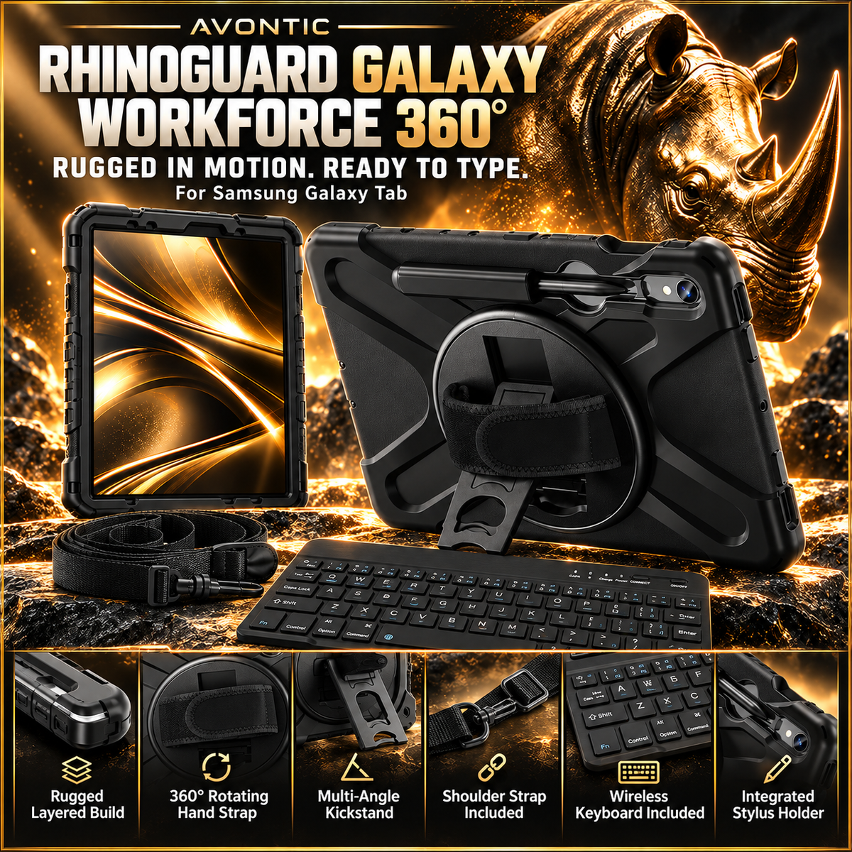 RhinoGuard Galaxy WorkForce 360 case and wireless keyboard, with rotating hand strap, kickstand and detachable shoulder strap.
