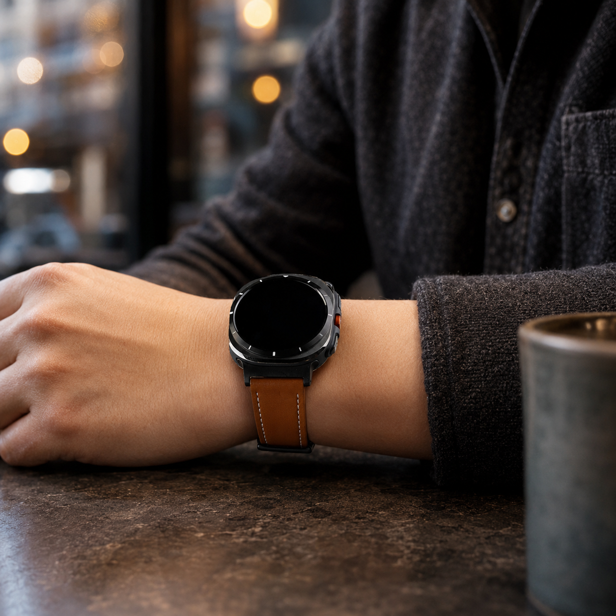 Brown Avontic HeritageFrame band on a circular rugged 47mm smartwatch at an urban café