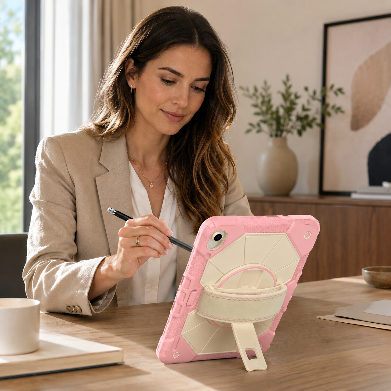 Professional using a rose gold RhinoGuard Apex iPad A16 case with ApexTouch stylus at a home desk