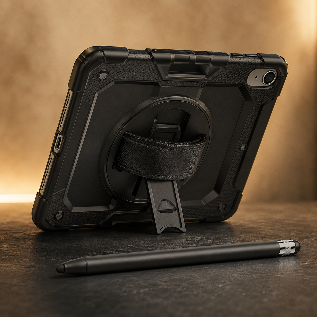 Black ApexTouch passive stylus beside a black RhinoGuard Pro case for iPad A16