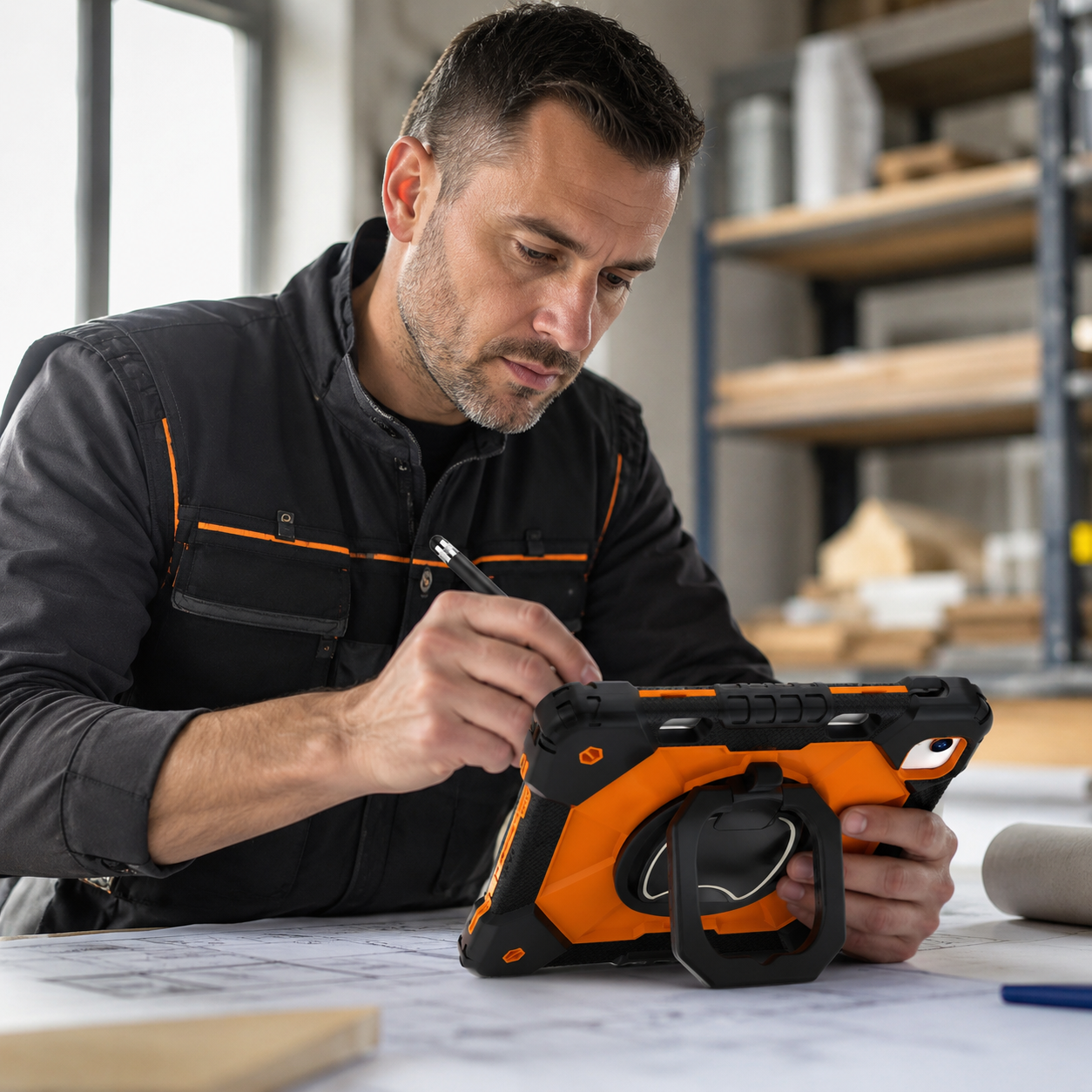 Professional using a black and orange RhinoGuard ArmorPro iPad A16 case with ApexTouch stylus