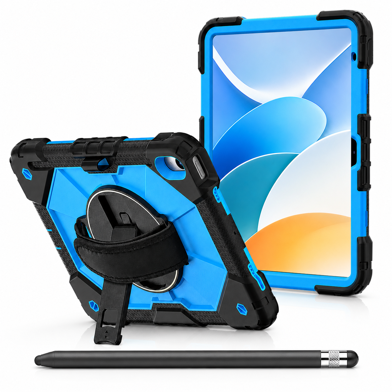 RhinoGuard Apex 360 Command Black and Blue iPad A16 case bundle with black ApexTouch stylus