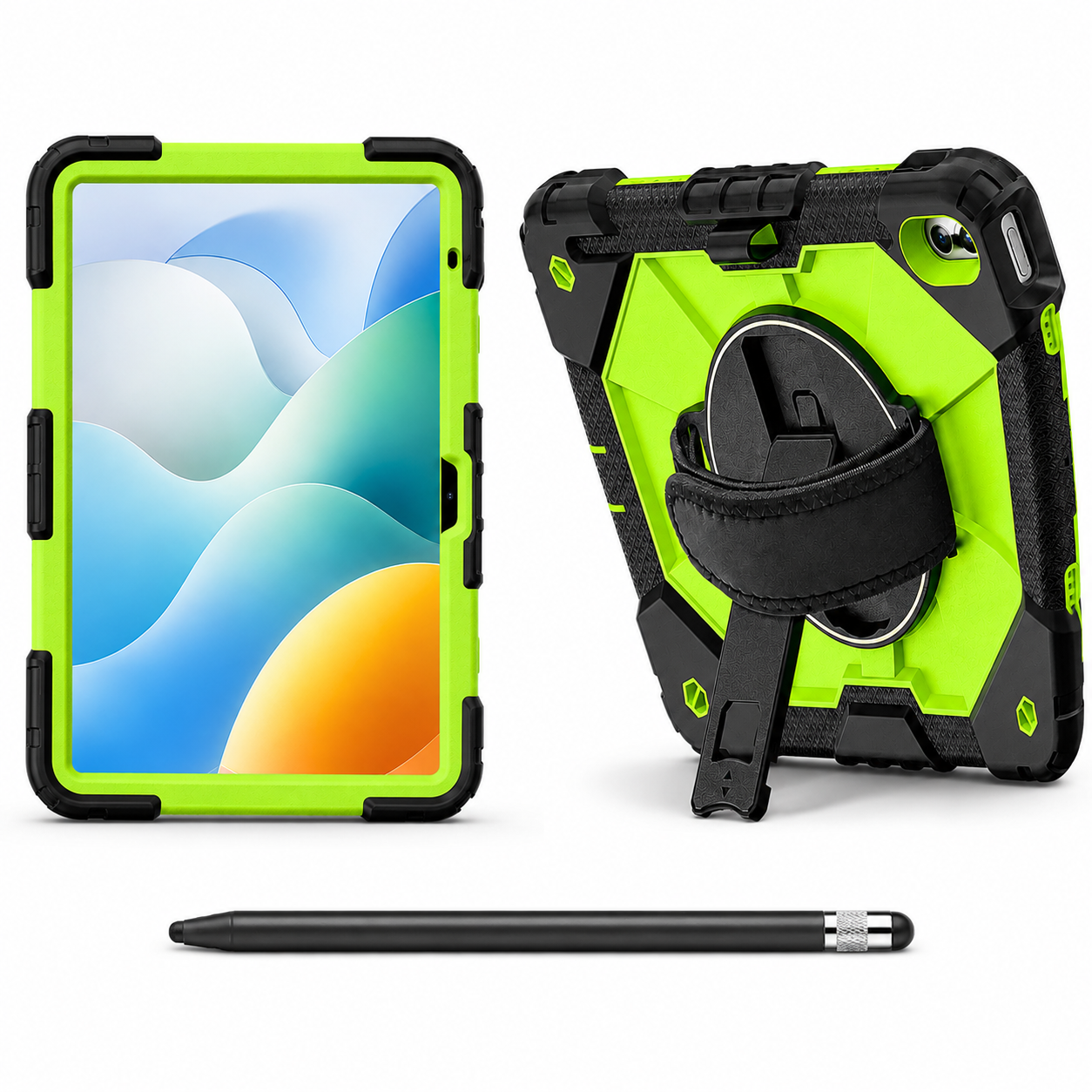 RhinoGuard Apex 360 Command Black and Green iPad A16 case bundle with black ApexTouch stylus