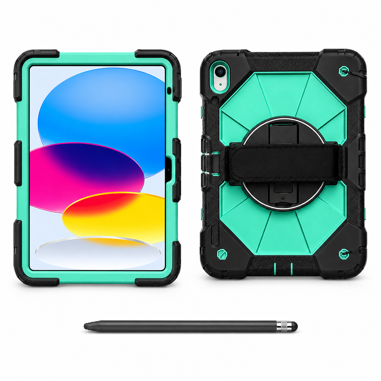 RhinoGuard Apex 360 Command Black and Mint Green iPad A16 case bundle with black ApexTouch stylus