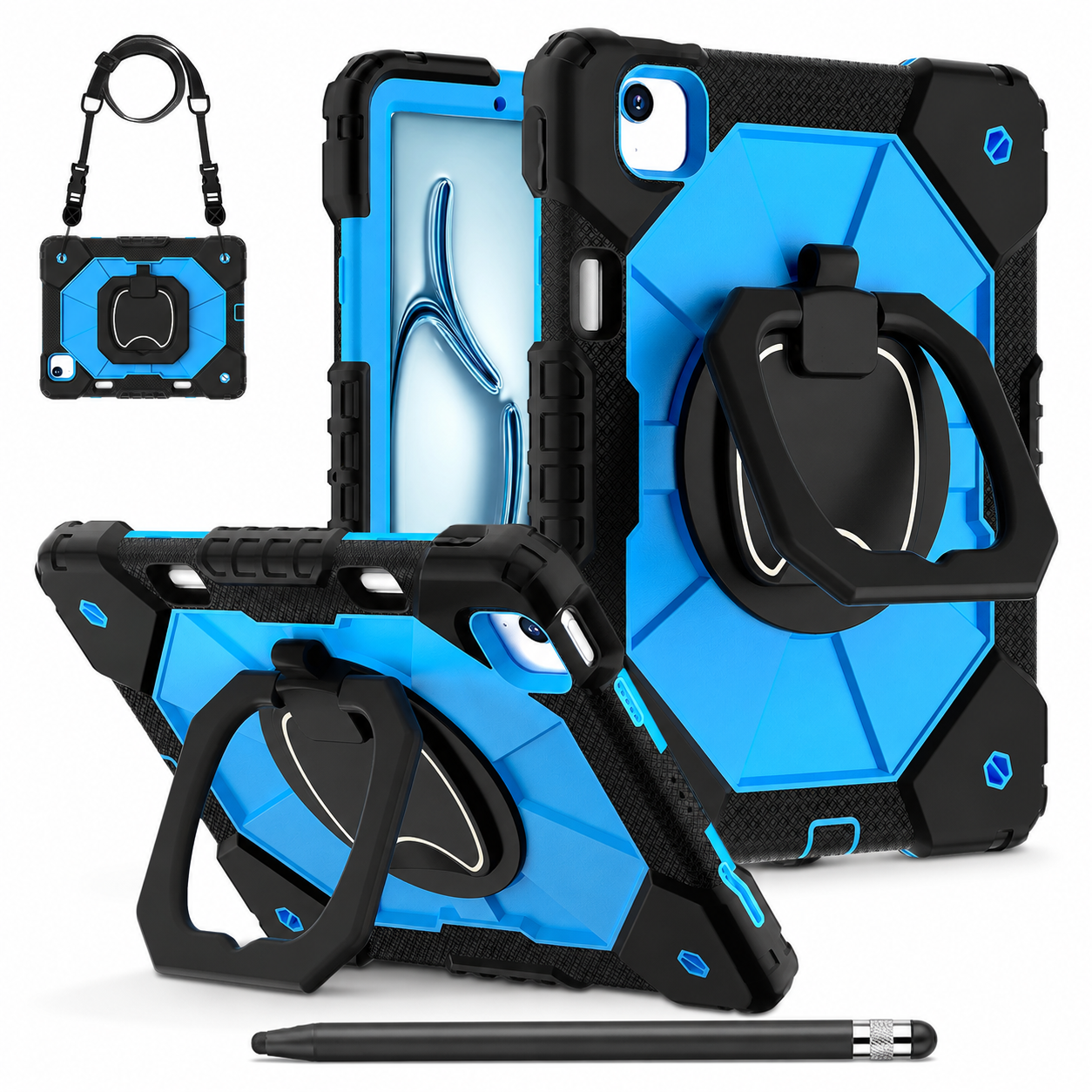RhinoGuard ArmorPro Black and Blue iPad A16 case bundle with black ApexTouch stylus
