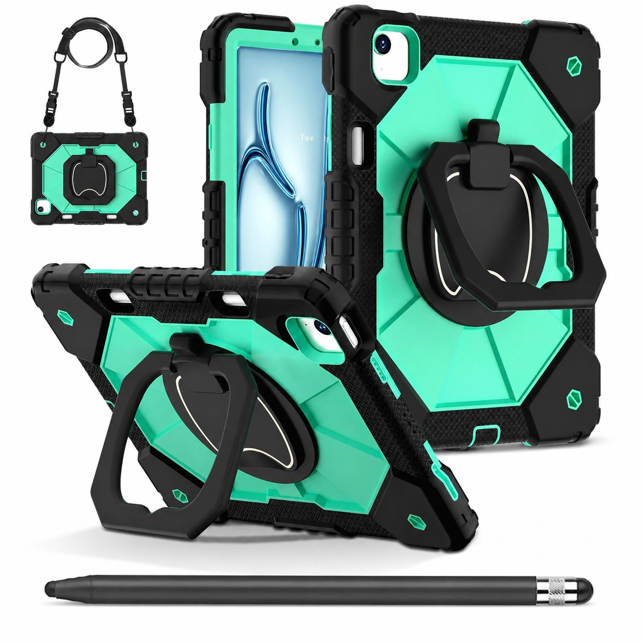 RhinoGuard ArmorPro Black and Mint Green iPad A16 case bundle with black ApexTouch stylus