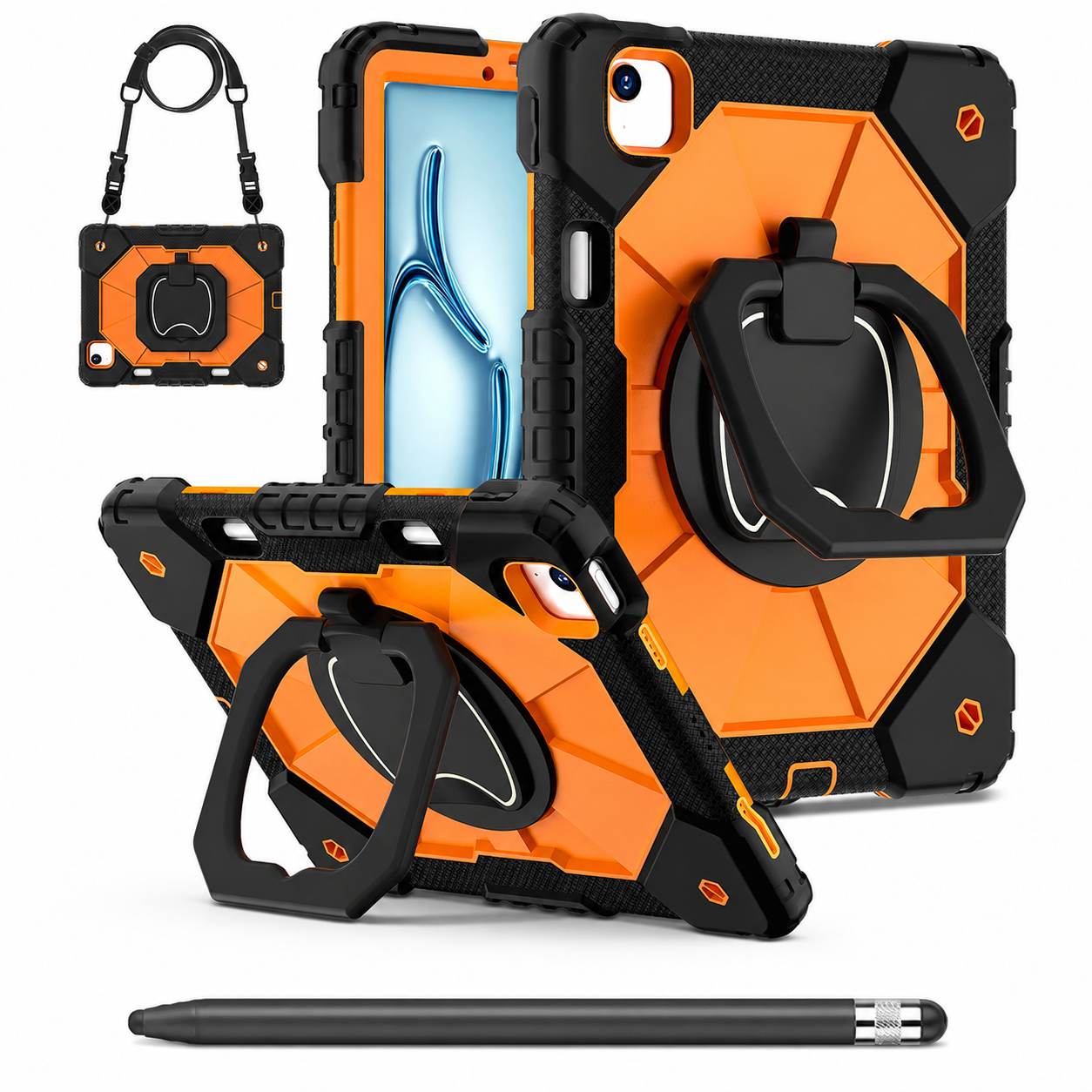 RhinoGuard ArmorPro Black and Orange iPad A16 case bundle with black ApexTouch stylus
