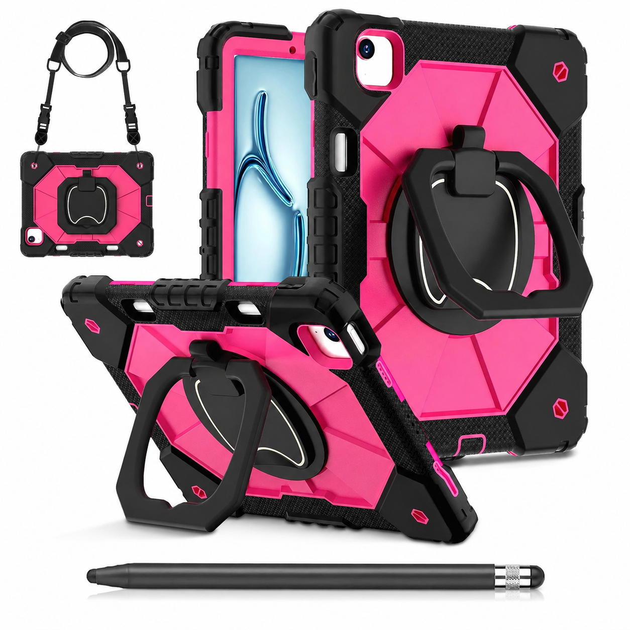 RhinoGuard ArmorPro Black and Rose Red iPad A16 case bundle with black ApexTouch stylus