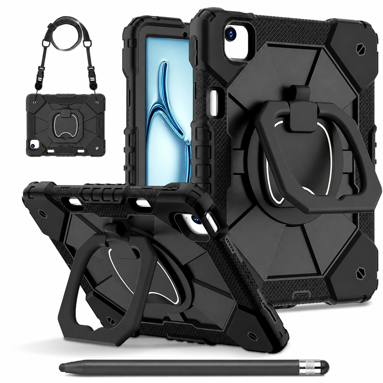 RhinoGuard ArmorPro Black iPad A16 case bundle with black ApexTouch stylus