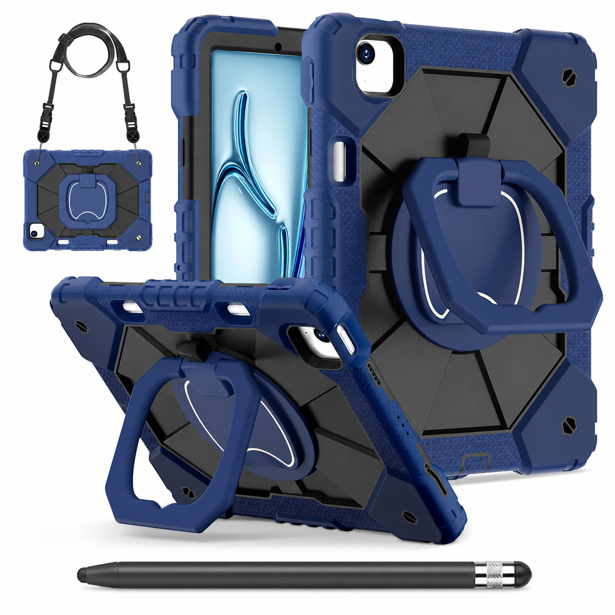 RhinoGuard ArmorPro Navy and Black iPad A16 case bundle with black ApexTouch stylus