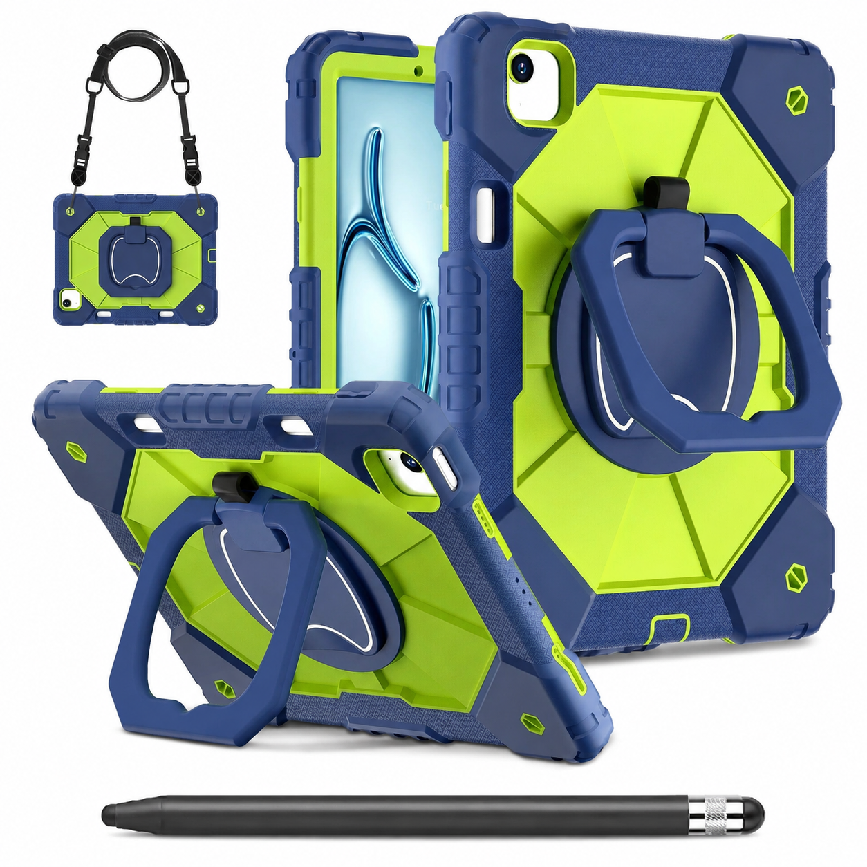 RhinoGuard ArmorPro Navy and Green iPad A16 case bundle with black ApexTouch stylus