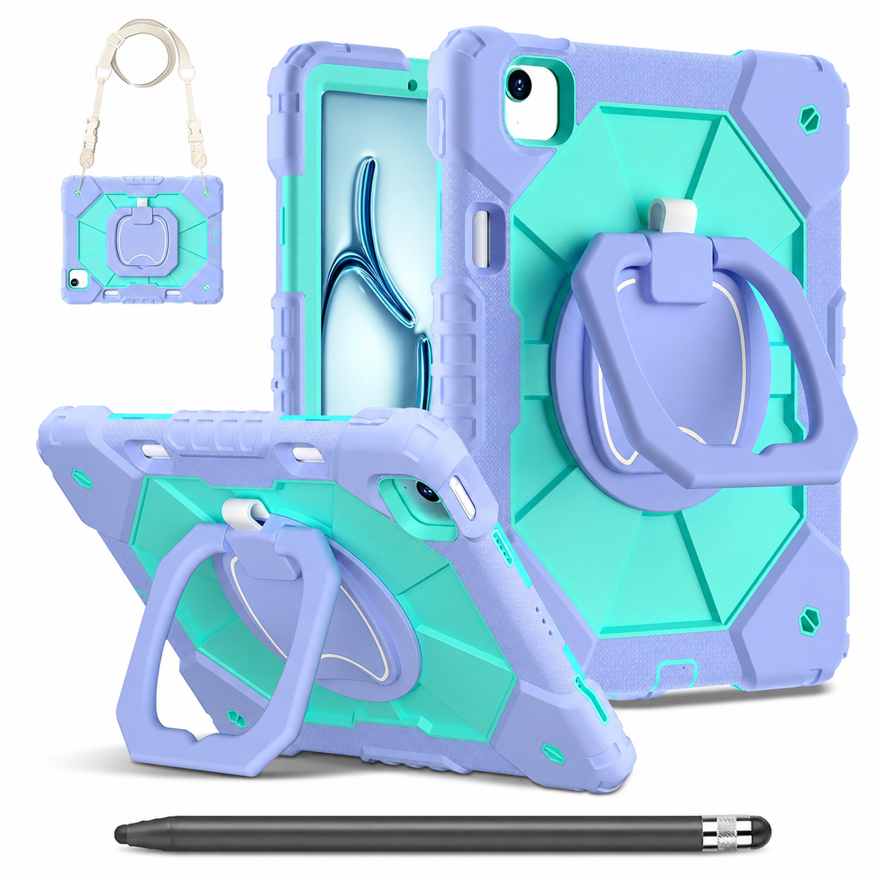 RhinoGuard ArmorPro Purple and Mint Green iPad A16 case bundle with black ApexTouch stylus