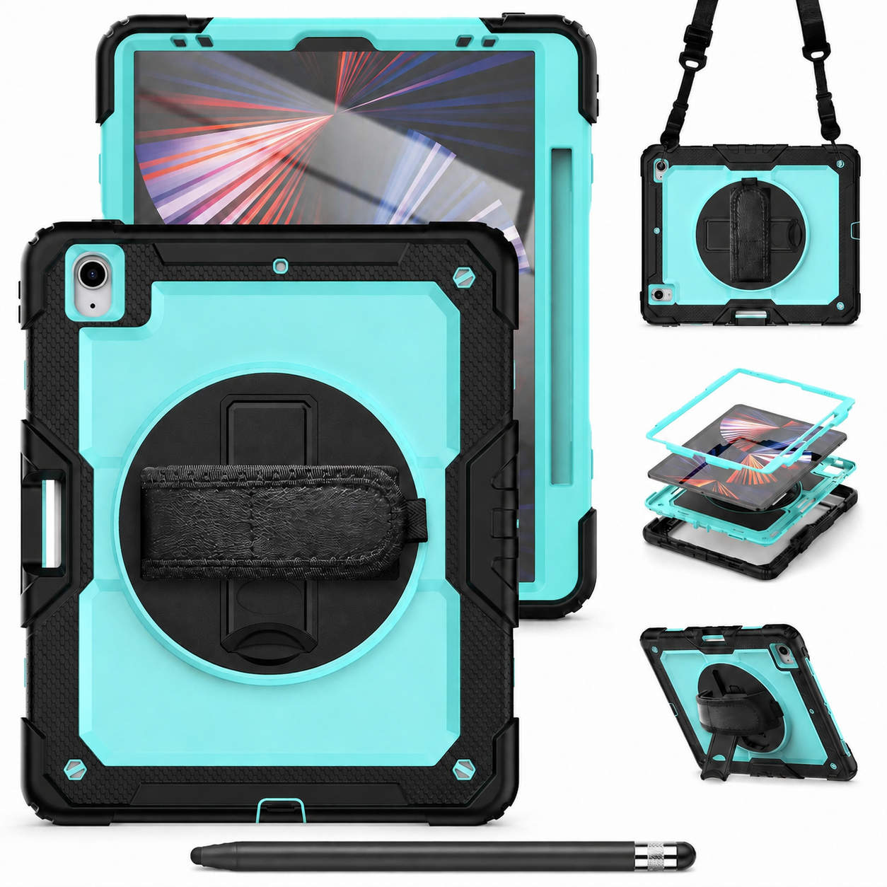 RhinoGuard Pro Aqua and Black iPad A16 case bundle with black ApexTouch stylus