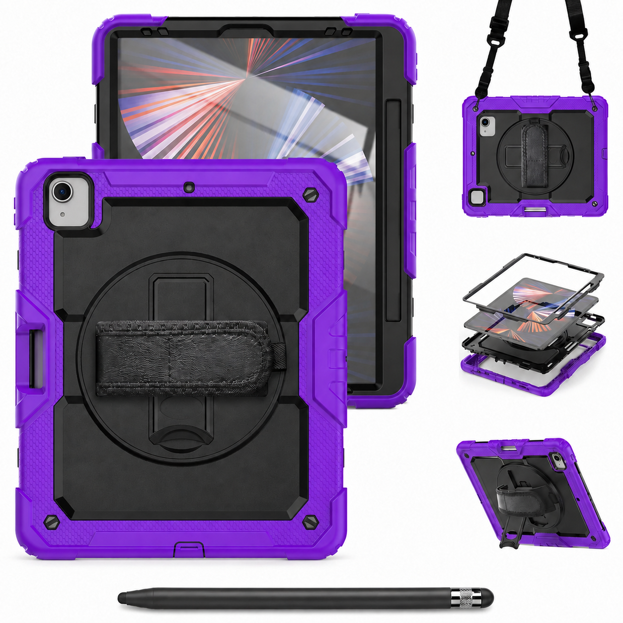 RhinoGuard Pro Black and Purple iPad A16 case bundle with black ApexTouch stylus
