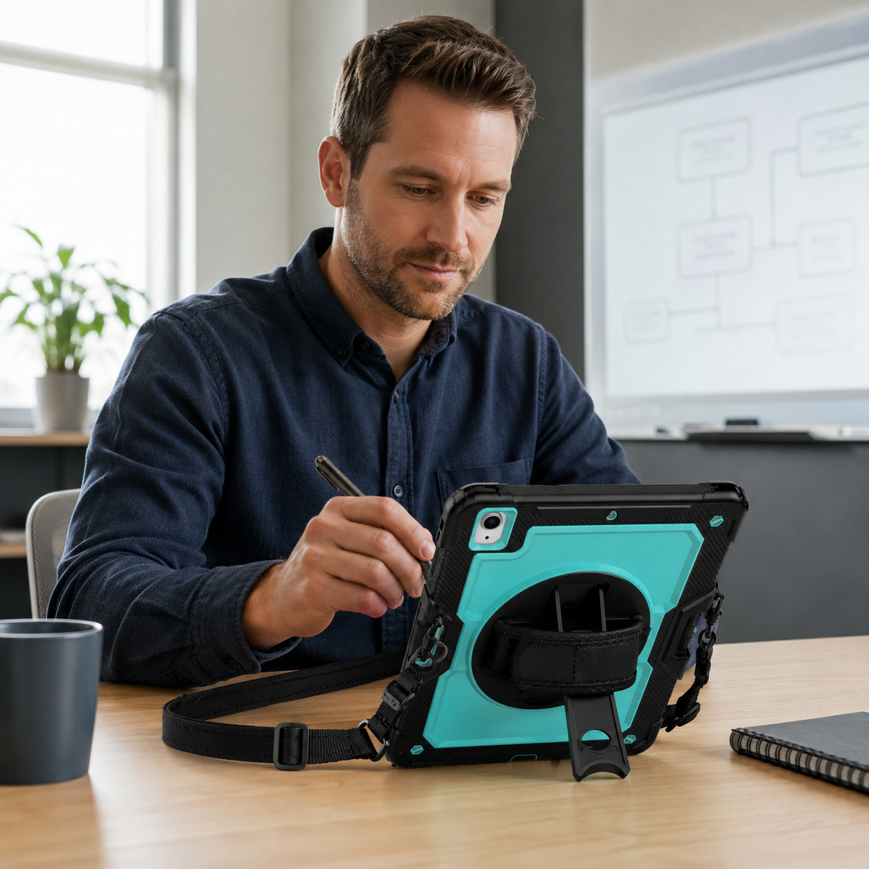 Instructor using an aqua and black RhinoGuard Pro iPad A16 case with ApexTouch stylus