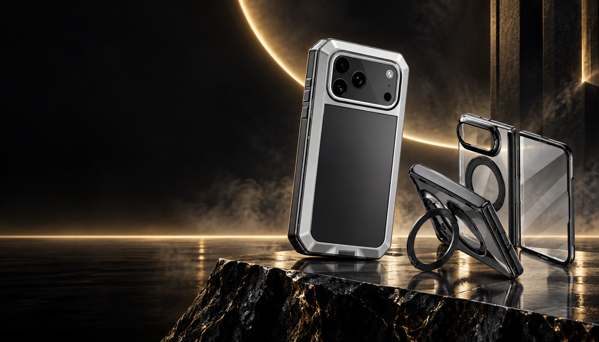 Silver Ironclad 360 and black Duo Pivot cases in a dramatic architectural setting