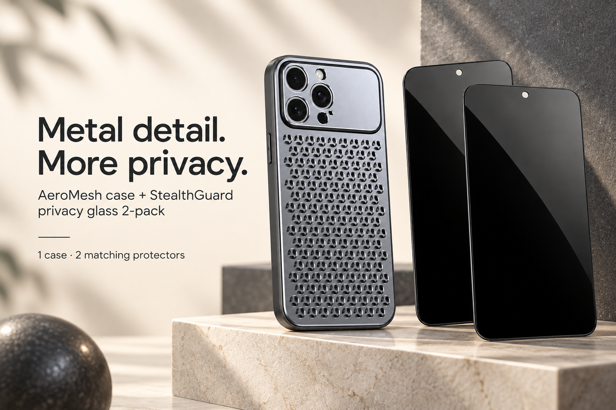 AeroMesh case plus matching privacy glass bundle contents