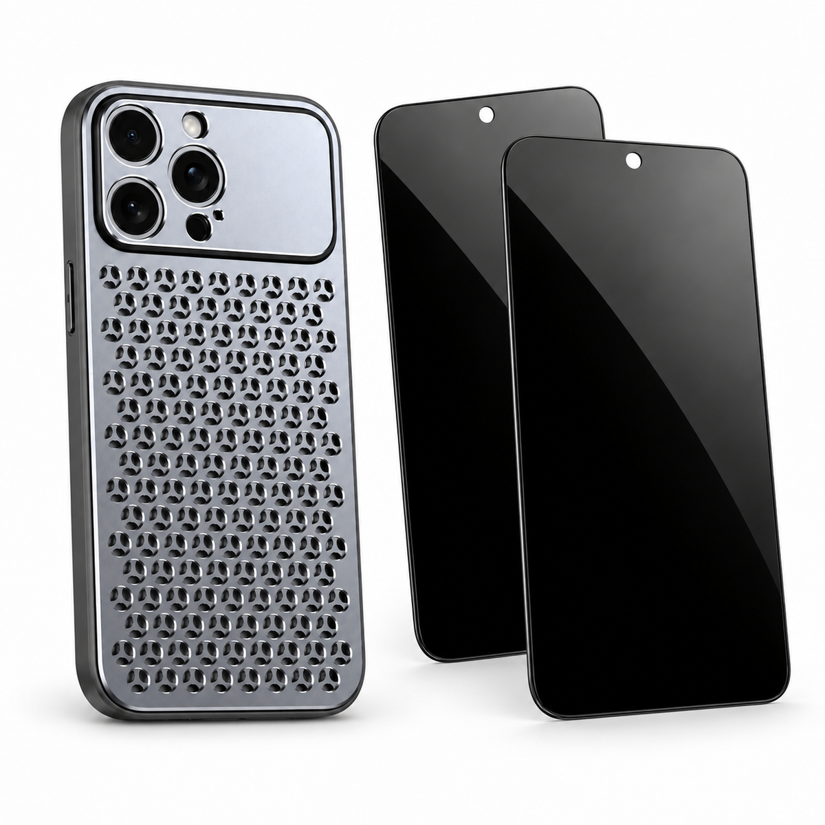 AeroMesh privacy bundle in Gray — one case and two StealthGuard glass protectors; select your exact iPhone model