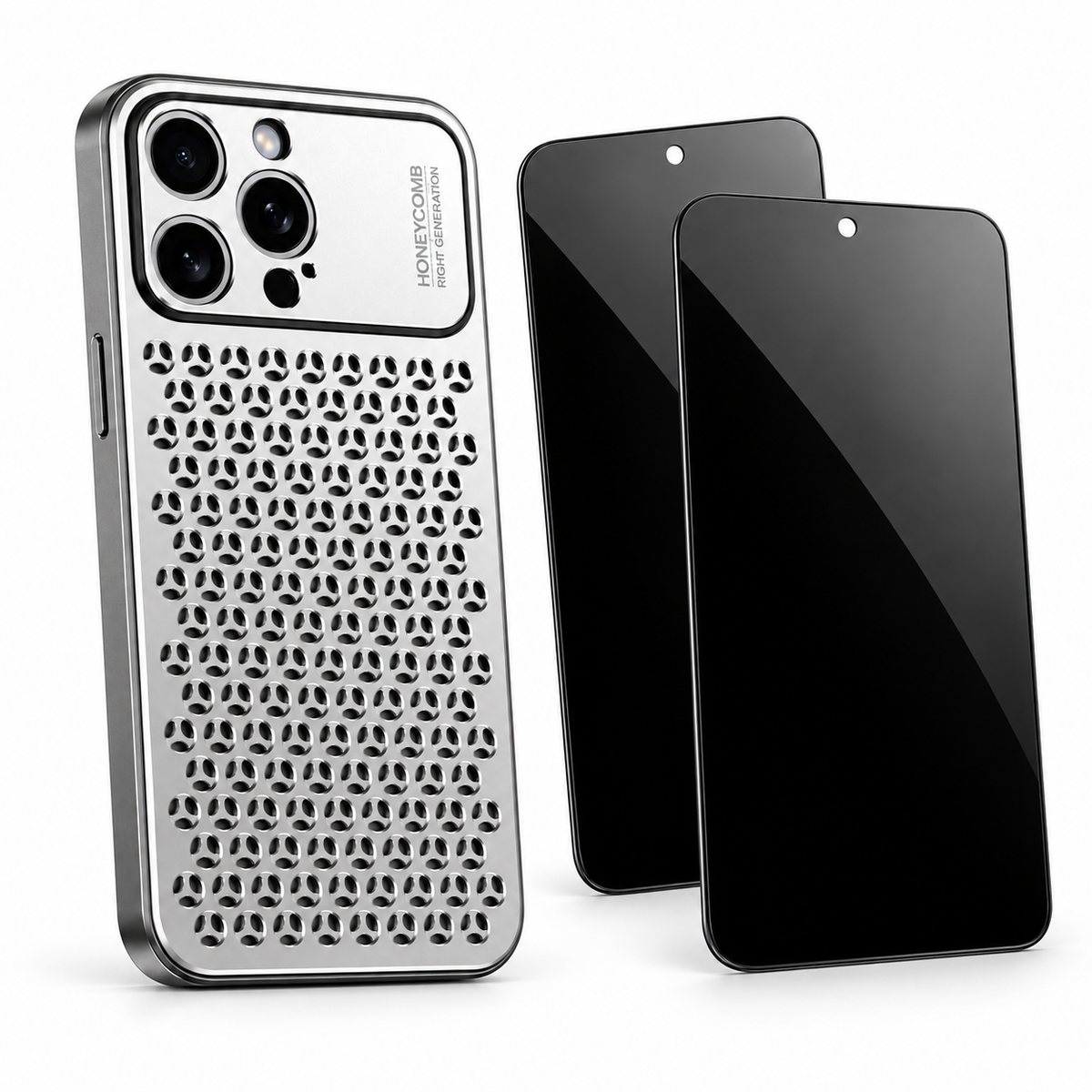 AeroMesh privacy bundle in Silver — one case and two StealthGuard glass protectors; select your exact iPhone model