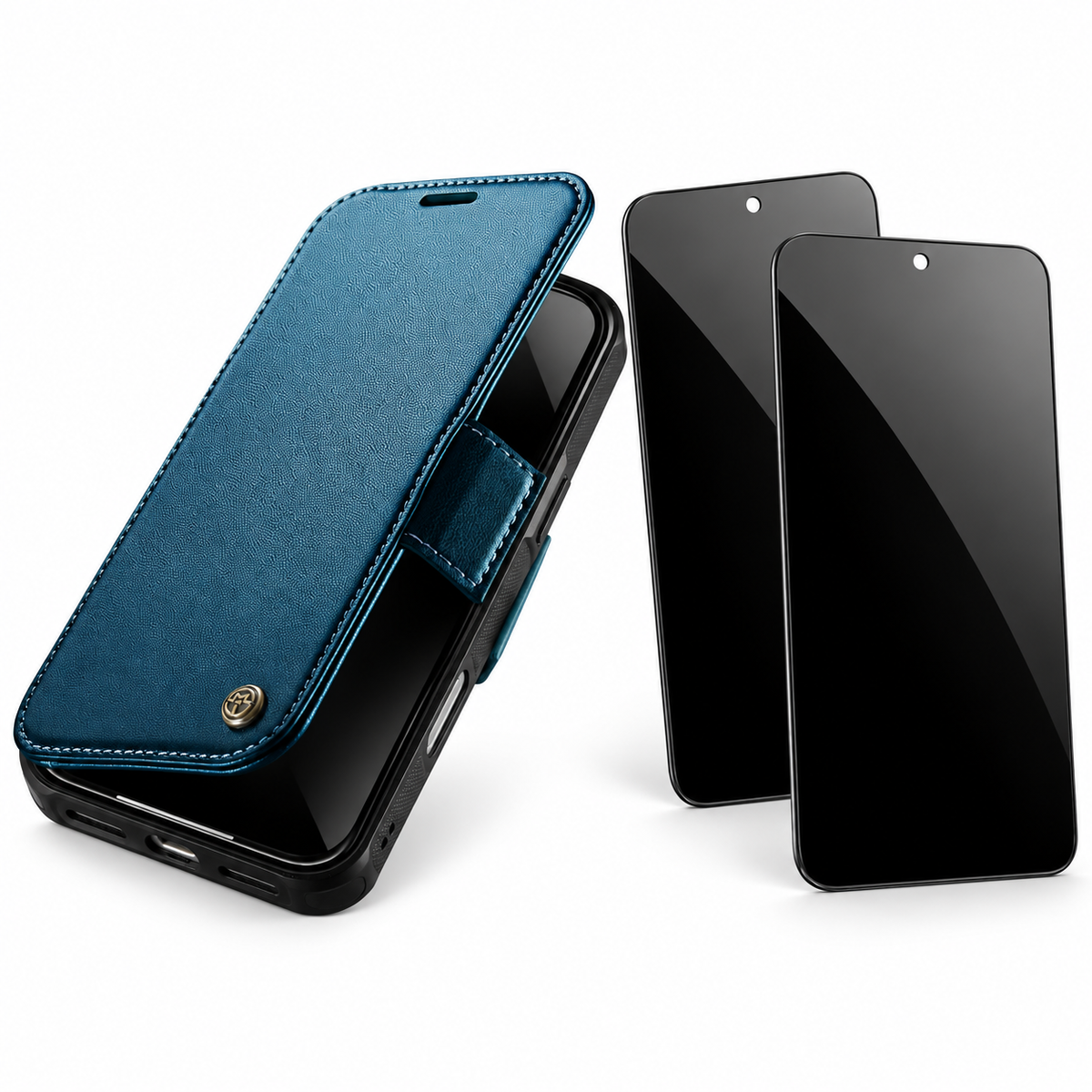 FolioVault privacy bundle in Blue — one case and two StealthGuard glass protectors; select your exact iPhone model