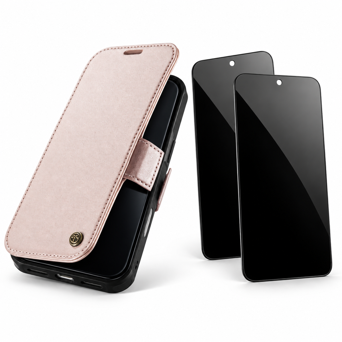 FolioVault privacy bundle in Champagne Gold — one case and two StealthGuard glass protectors; select your exact iPhone model