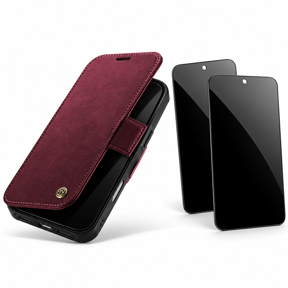 FolioVault privacy bundle in Red — one case and two StealthGuard glass protectors; select your exact iPhone model