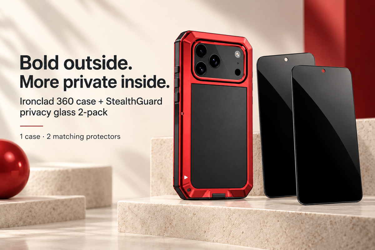 Ironclad 360 case plus matching privacy glass bundle contents
