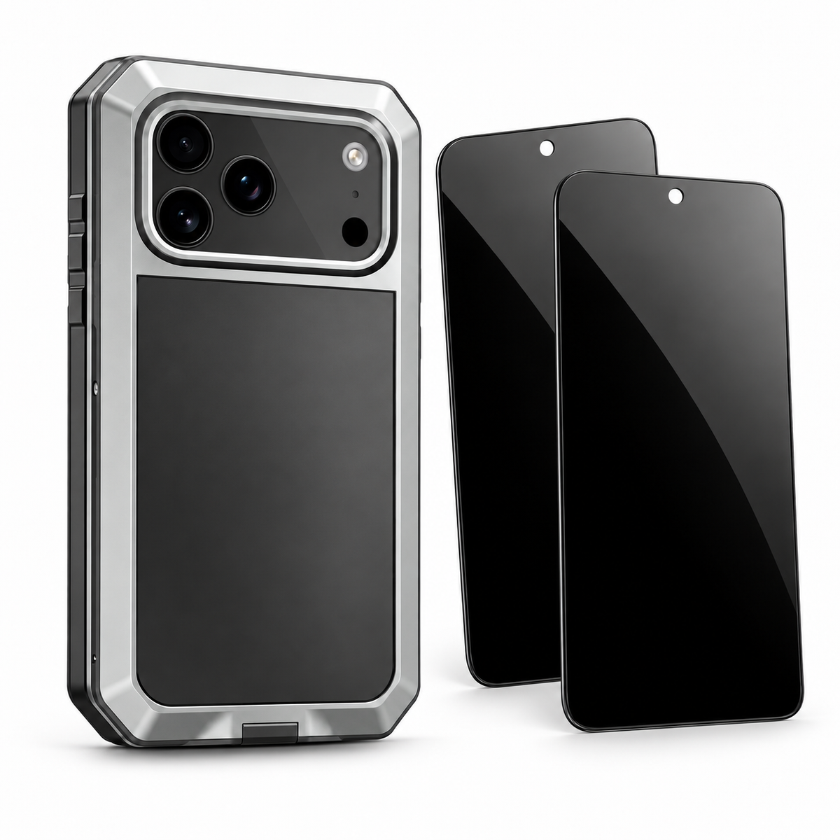 Ironclad 360 privacy bundle in Silver — one case and two StealthGuard glass protectors; select your exact iPhone model