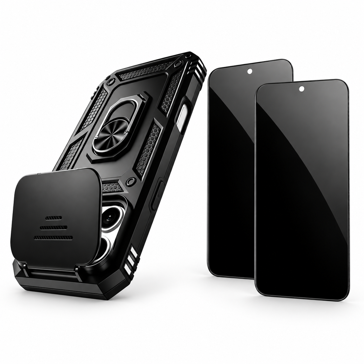 LensLock RingStand privacy bundle in Black — one case and two StealthGuard glass protectors; select your exact iPhone model