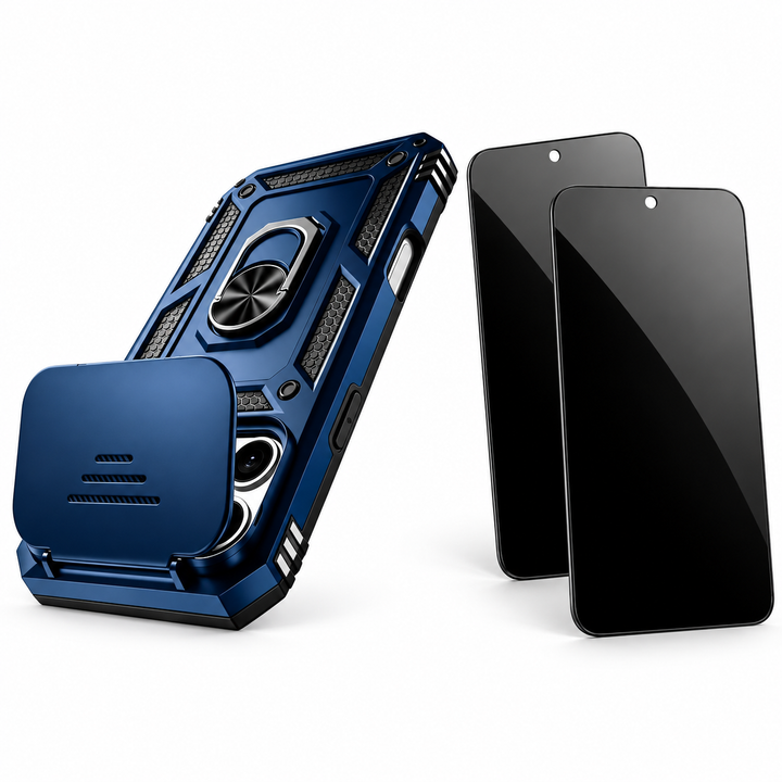 LensLock RingStand privacy bundle in Blue — one case and two StealthGuard glass protectors; select your exact iPhone model