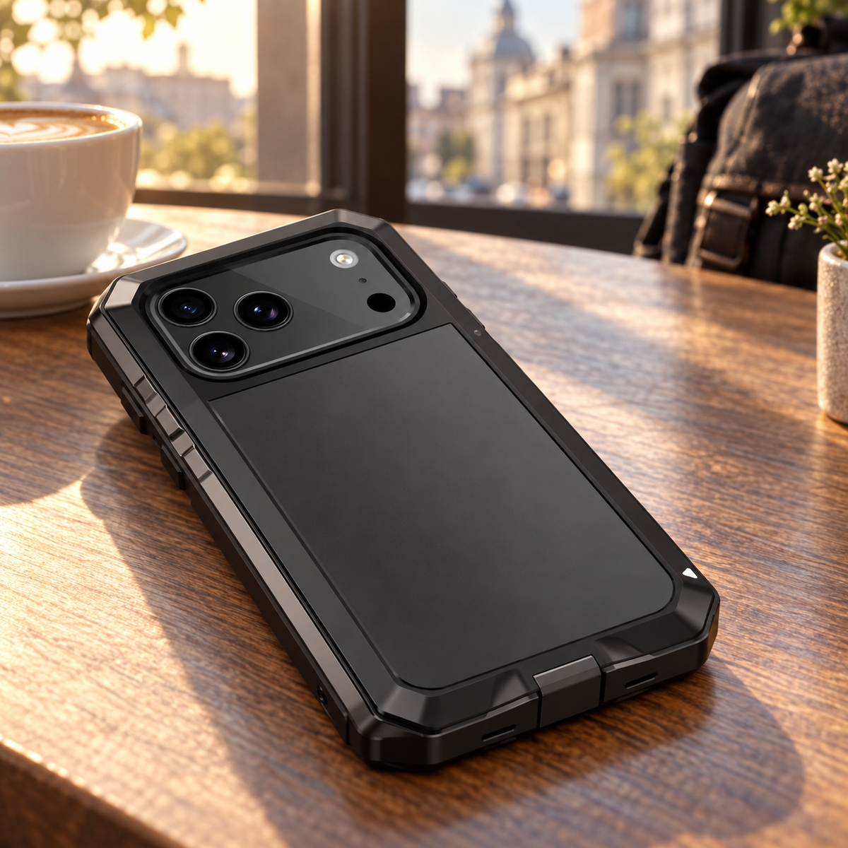 RhinoGuard Ironclad 360 Aluminum Armor Case — cafe lifestyle view