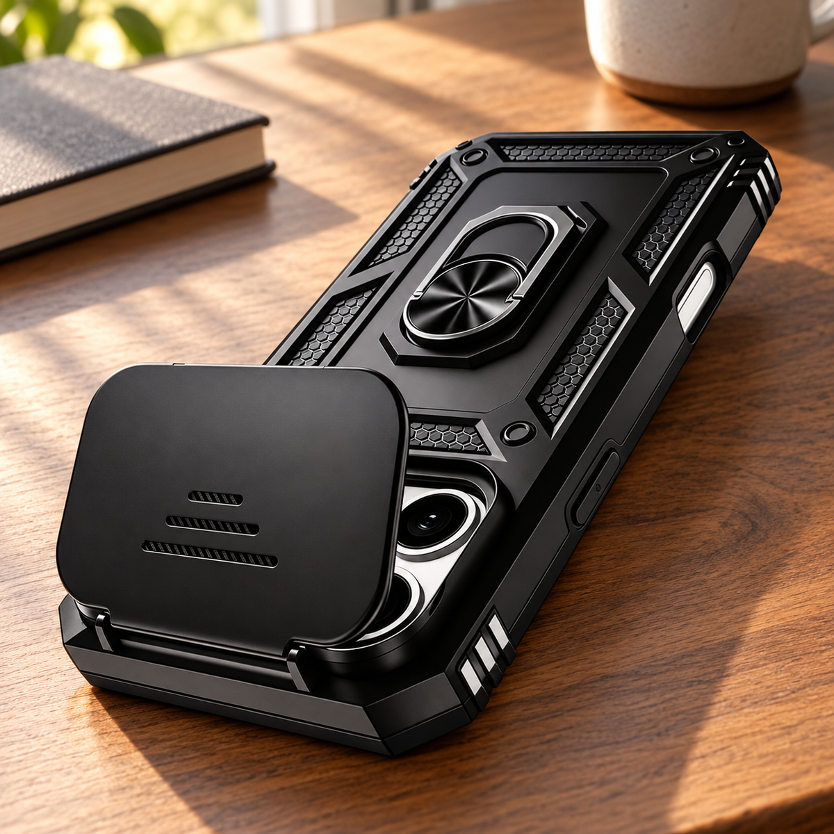RhinoGuard LensLock RingStand Camera Cover Case — desk lifestyle view