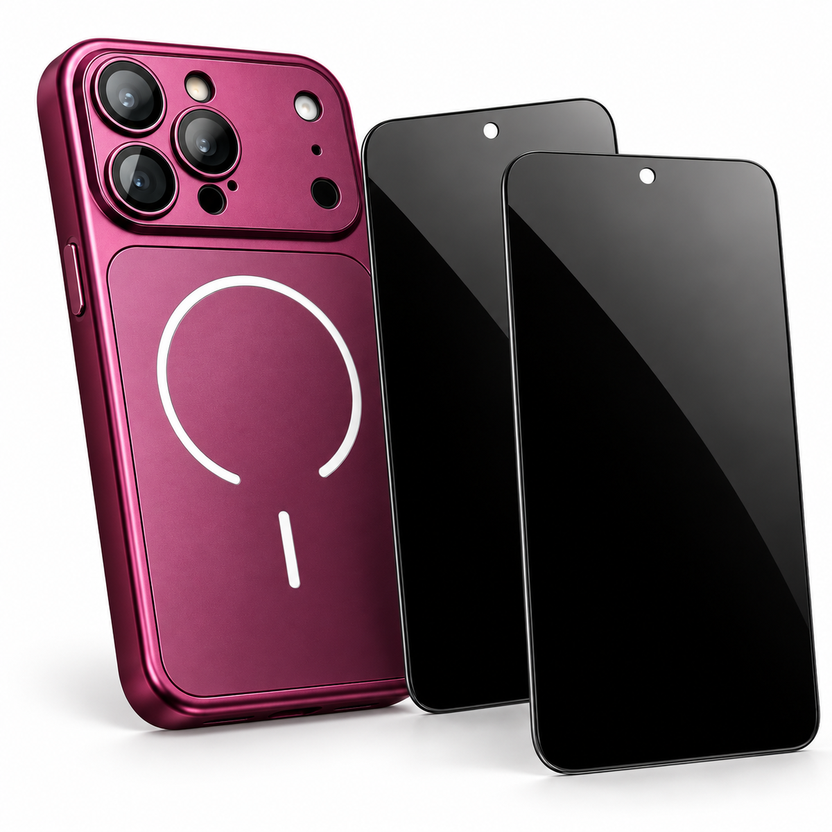 One lumaedge case and two privacy-glass protectors. Phone not included; selected model and color vary.