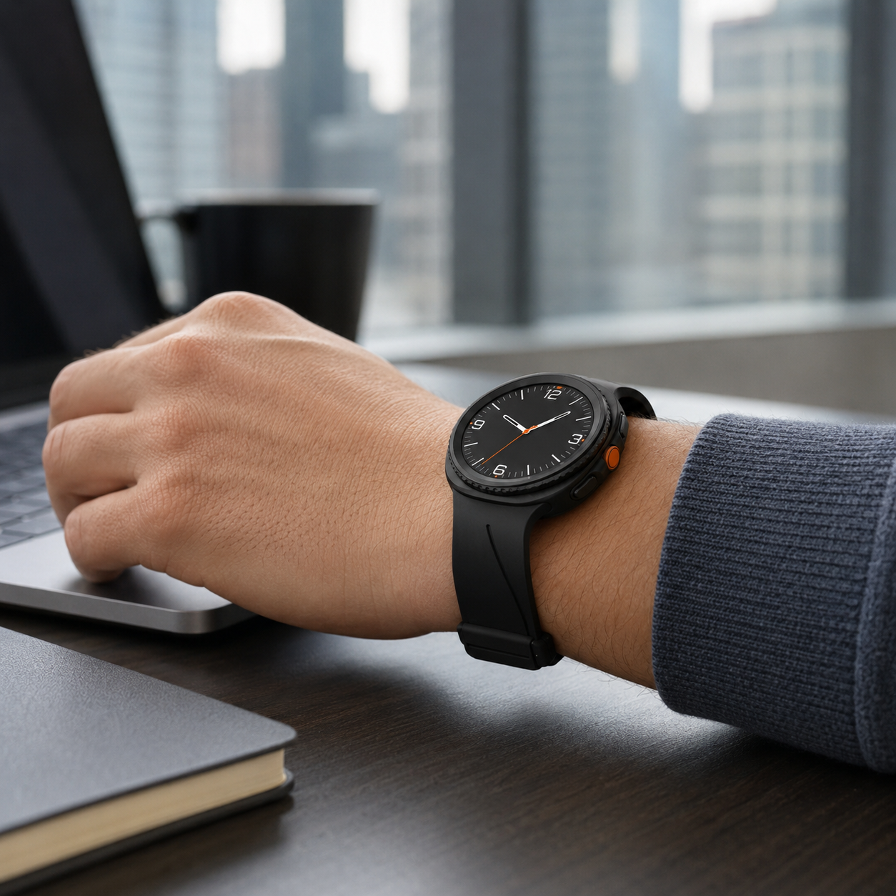 Black Avontic MagnaFlex magnetic silicone Galaxy Watch band at a workspace