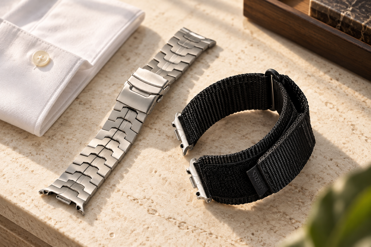 Galaxy Work + Weekend Duo — TitanForge Titanium + ActiveTrail Nylon Bands — Finish the working day your way.; lifestyle illustration, props not included